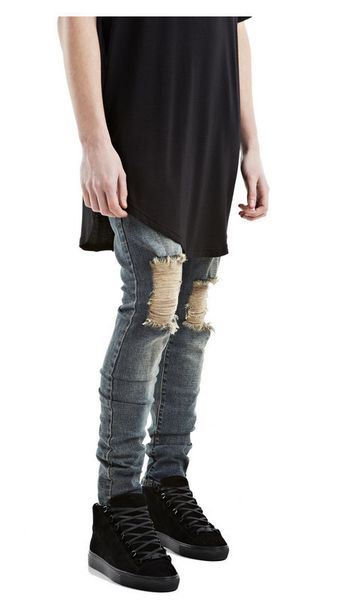 

straight jeans pants men casual denim trousers hole jeans homme, Blue