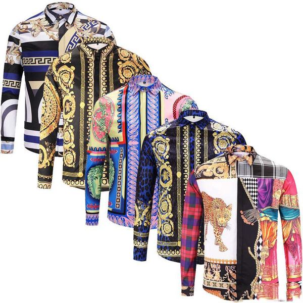 

HUY осень и зима Harajuku Медуза золото camisa гавайская цепь собака Роза печати рубашка м