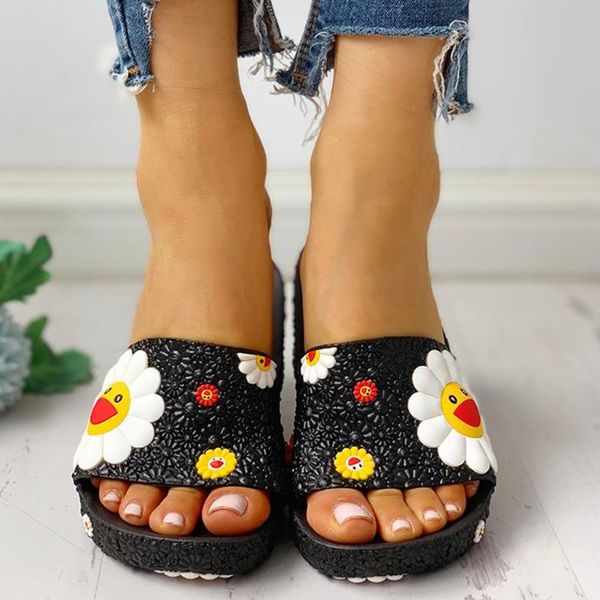 

new women's fashion colorful sunflower pattern home shoes beach slippers slides european women's shoes, Black