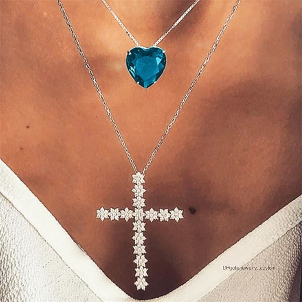 

Women Fashion Shiny Cross Heart Love Crystal Gem Pendant Silver Necklace Set Exquisite Girl Wedding Clothing Jewelry Accessories