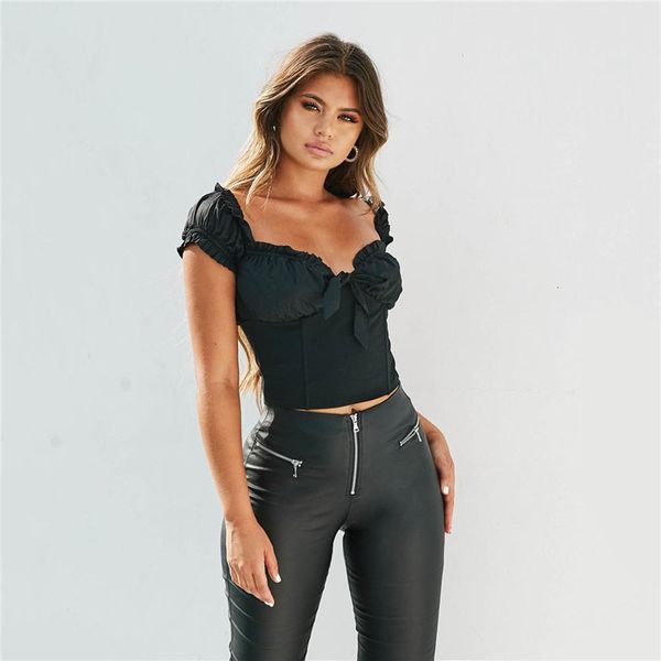 

off shoulder women crop t shirts summer ladies short sleeve ruffle bow knot lace up tees pullovers high street femme clothes, White