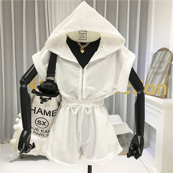 

jumpsuit women loose casual romper women streetwear hooded short sleeve playsuits fashionable clothing, Black;white
