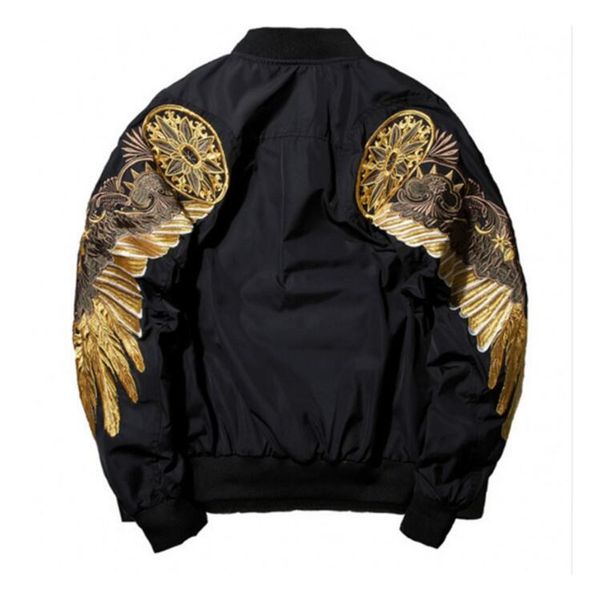 

mens autumn jacket embroidery gold eagle wings stand collar bomber jacket fashion outwear men's coat, Black;brown
