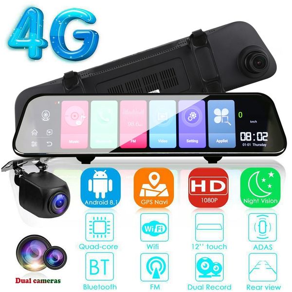 

12 inch android 8.1 adas dash cam car dvrs camera gps navi bluetooth fhd video recorder 4g wifi dvr mirror