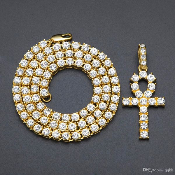 

Mens Bling Iced Out Египетский Анк Ключ Подвеска Ожерелье Позолоченный Хип-Хоп Черный Кри