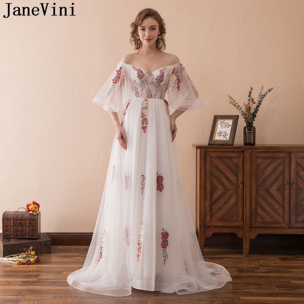 

janevini white tulle a line long prom dresses v neck embroidery flowers pattern backless elegant plus size formal party gowns, White;black