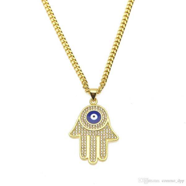 

новый синий сглаза кулон ожерелье хамса рука цепи fatima шарм длинные кубинскими для womenmen хип-хоп мода ювелирные изделия, Silver