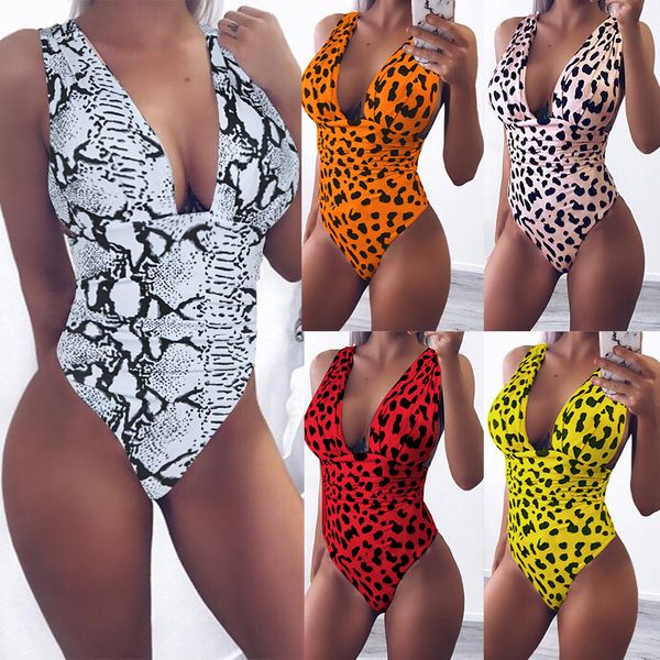 

ins european and american-style swimsuit explosion models four-color deep-v leopard print one-piece swimsuit bikini new spot sale, White;black