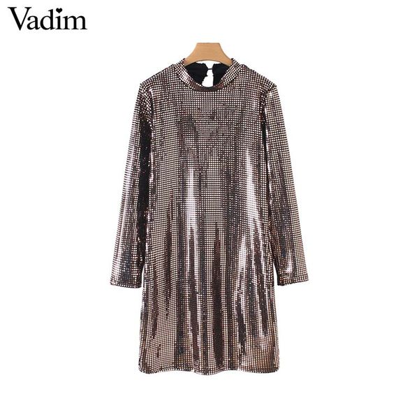 

vadim women shiny sequined mini dress long sleeve sheath stretchy female casual party dresses solid chic vestidos qb076, Black;gray