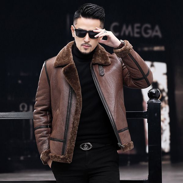 

genuine leather jacket men winter jacket natural wool fur coat men sheepskin coat vintage bomber jackets plus size erkek montmy, Black