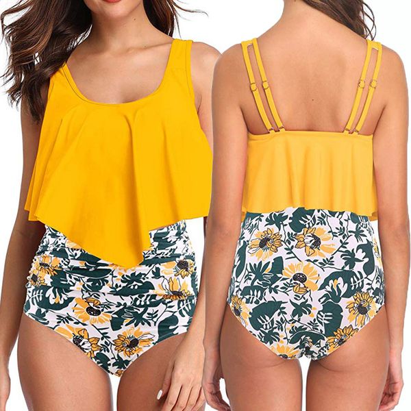 

2019 two piece plus size backless halter beach printed swimwear set, White;black