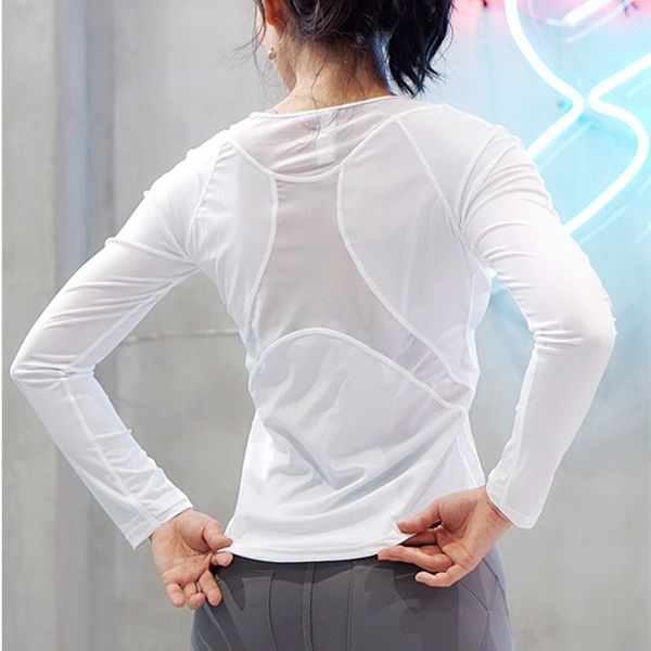 

cretkoav women sport breathable fitness clothing hollow out yoga shirt quick-dry sport t-shirt loose long sleeve gym tee, White;red