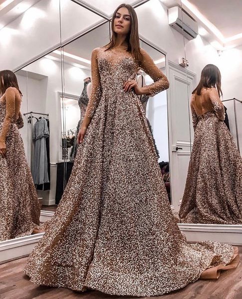 

Long Sleeve Gold Elegant Evening Formal Dresses 2019 Sparkling Sequined Prom Dress Evening Gowns Evening Wear robe de soiree Abendkleider