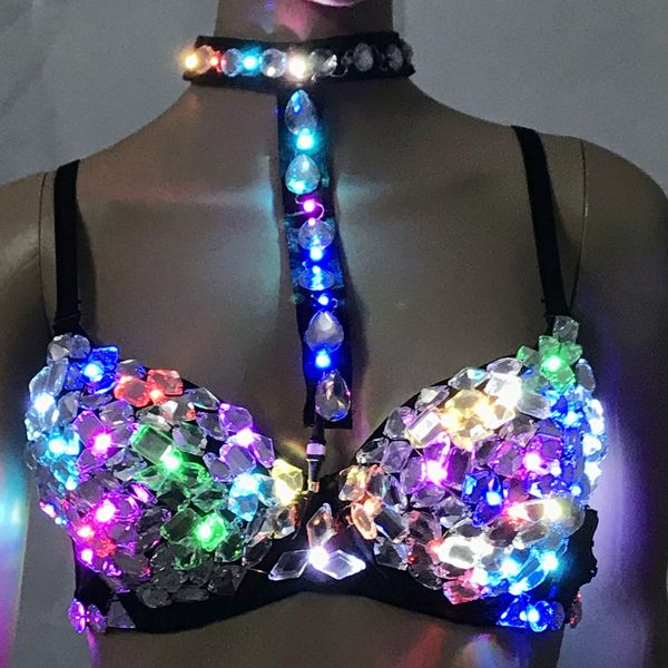 

Female Sexy Silver Sparkling Diamond LED Bra,Handmade Diamond Brassiere Night Club Crystal Bras Bikini Ballroom Dancing LED Bras