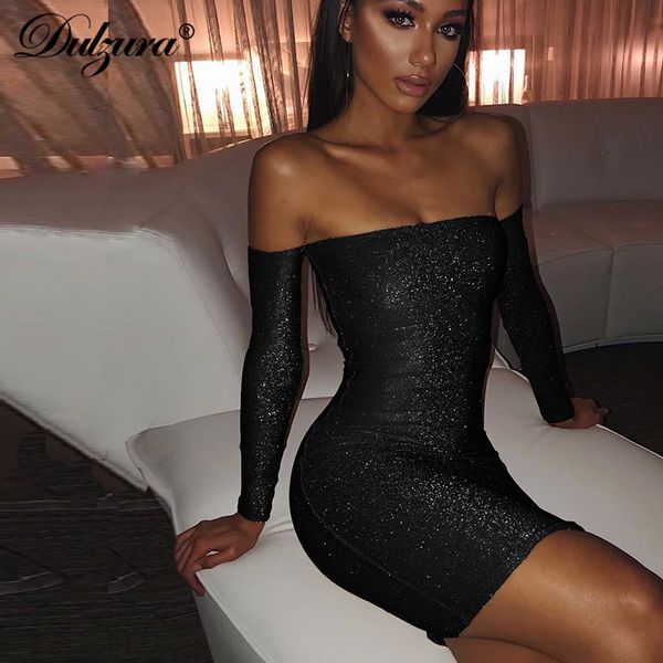 

chicology metallic glitter sparkle off shoulder long sleeve bodycon mini party dress 2019 autumn winter women clothes, Black;gray