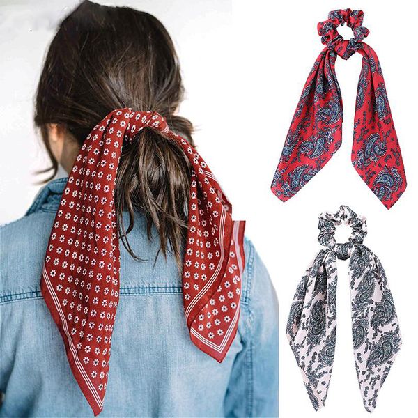 2019 Women Vintage Big Bow Elastic Knot Ribbon Scrunchies Print