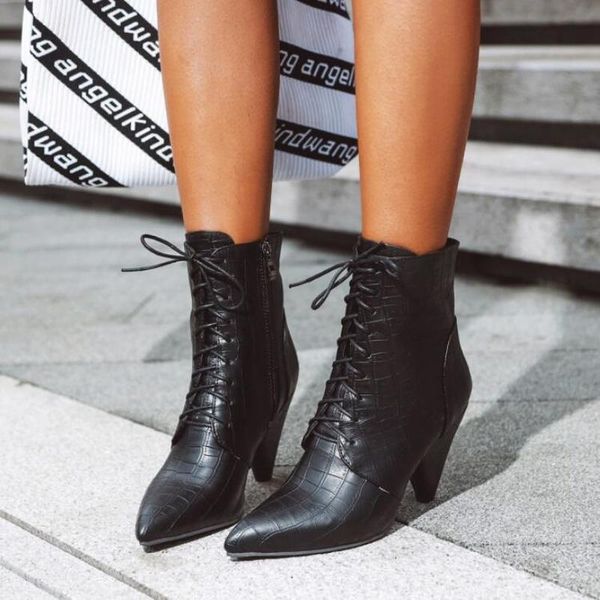 

women ankle boots chaussure booties high heels pumps vintage pu leather pointed toe lace up shoes woman zapatos mujer sapatoh816, Black