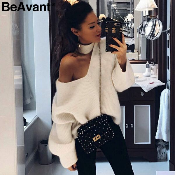 

beavant cold shoulder halter knitted sweater female casual autumn winter sweater women knit blue pullover jumper pull femme 2018, White;black