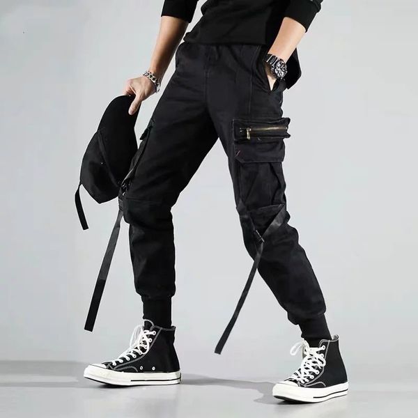 

Januarysnow Streetwear Casual Joggers Men Cotton Slim Black Mens Sweatpants Trousers Ribbons Pockets Ankle-length Harem Pants Man