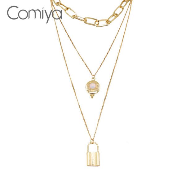 

comiya necklaces zinc alloy long links multi layers lock pendant acrylic femme necklace gold color korean collare jewelry, Silver