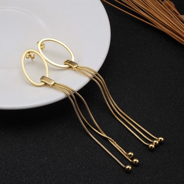 

elegant snake chain tassel earrings rose gold color hollow out long earring anti-allergic beads drop dangle earrings for women, Golden