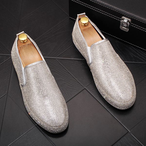 

mens casual hip hop punk dress crystal cow leather shoes slip on driving shoe breathable summer loafers chaussure homme footwear, Black