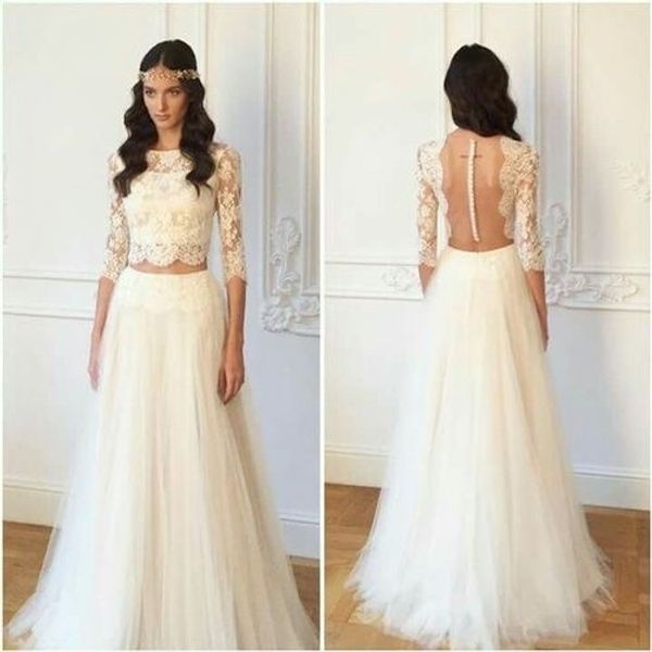 

two piece long sleeves wedding dresses bridal gown boho gown, White