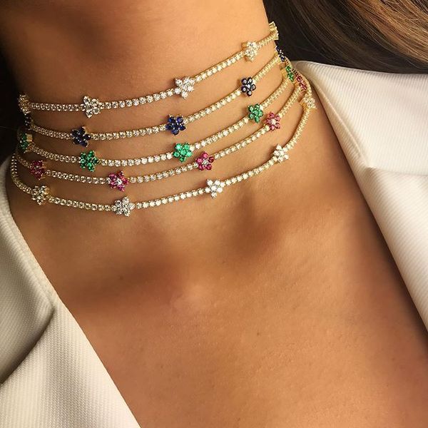 

32+8cm cz tennis choker necklace for women 2019 spring new design cz flower charm gorgeous choker, Silver