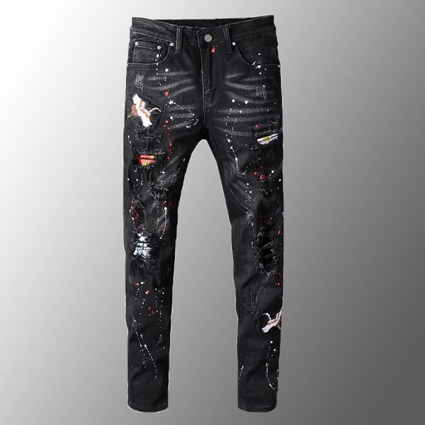

mens luxury men's black bird embroidered painted ripped jeans streetwear holes patchwork stretch denim pants, Blue