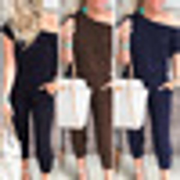 

jumpsuit women loose casual short sleeve off shoulder pocket romper, Black;white