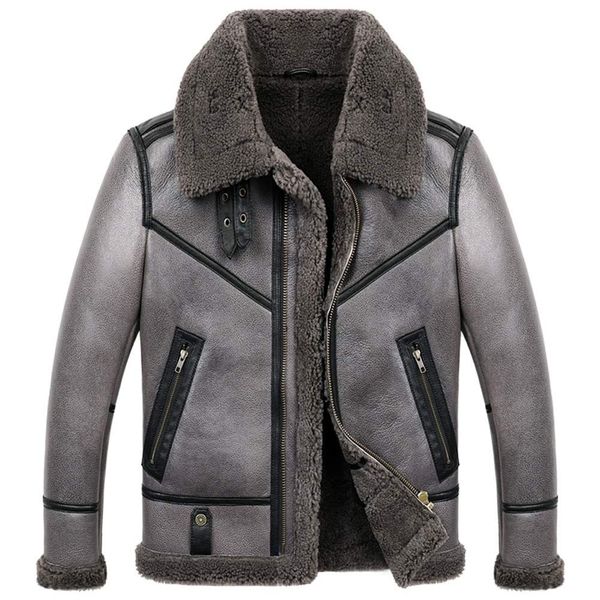 

men's b3 shearling jacket men's short sheepskin coat winter turndown collar leather jacket, Black