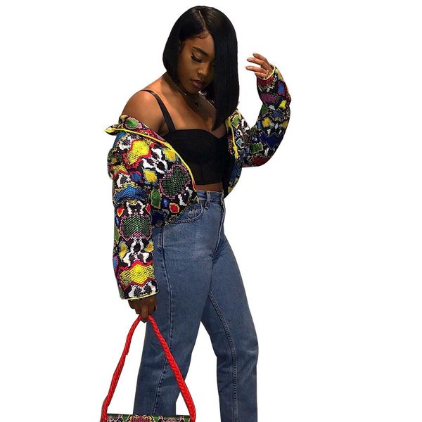 

harajuku snake print cropped quilted jacket winter women turtleneck long sleeve cotton padded parka overcoat, Black