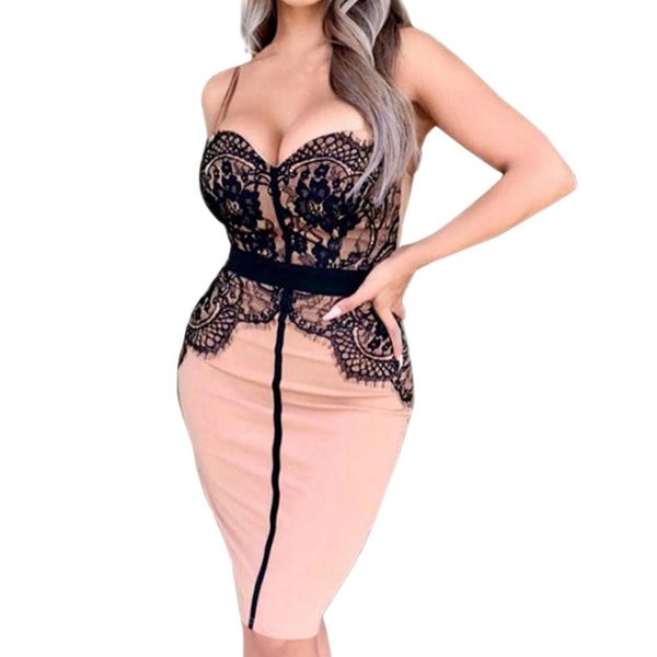 

lady lace stitching hollow lace date party sleeveless dress fashion summer v neck slim knee-length dress ropa mujer, Black;gray