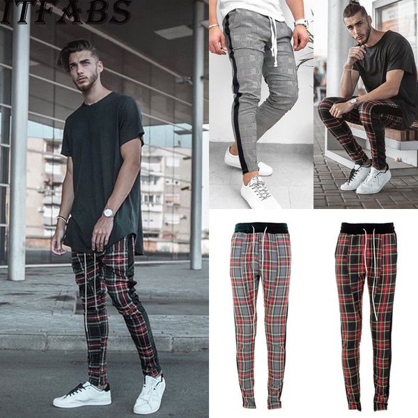 

2018 new brand cotton autumn high waist men tracksuit bottoms skinny sweat plaid pant fashion fitness, Black