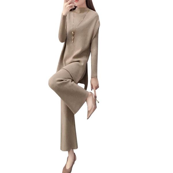 

knitted 2 piece set women long sleeve half turtleneck slit long sweater +vest with wide leg pants casual 2019 new sets j128, White