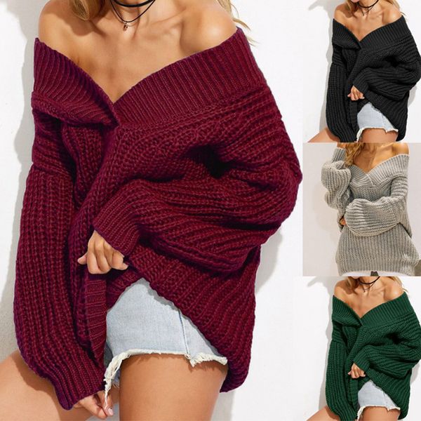 

winter warm v-neck knitted sweater jumper women thick long sleeve pullover pull femme off shoulder black sweater, White;black