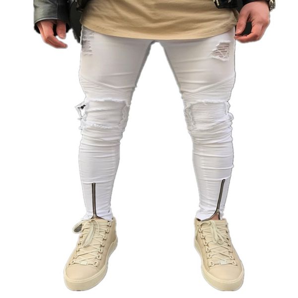 

europe and america high street new style men's jeans white slim fit with holes locomotive pleated long pants trousers zipper fas, Blue