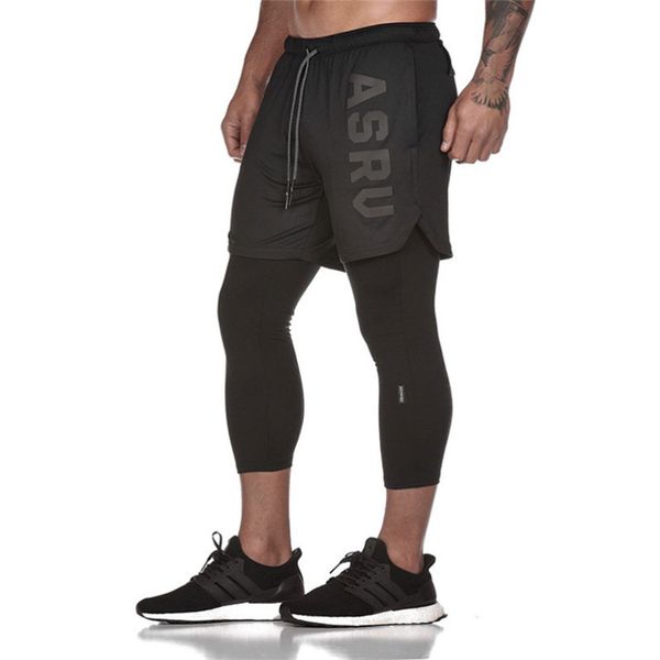 

2019 new sports men's pants gym fitness tight elastic running pants quick-drying fake 2 in 1 leggings men ankle-length, Black;blue
