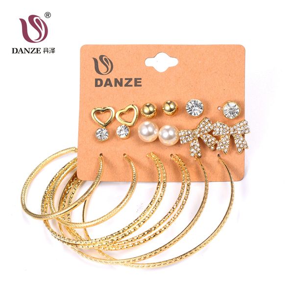 

danze 9 pairs/lot punk heart bow stud earrings set for women crystal bowknot earing big circle studs bijoux femme brincos aros, Golden;silver