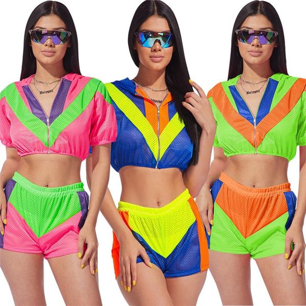 

два piece set с капюшоном цвет лоскутная сети сетки с коротким рукавом top + короткие штаны летняя одежда для женщин sportwear костюмы, White