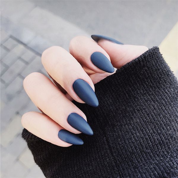 

blue cusp dull polish 24 pcs long nails fake piece false acrylic nail tips extension finger tools manicure nail art, Red;gold