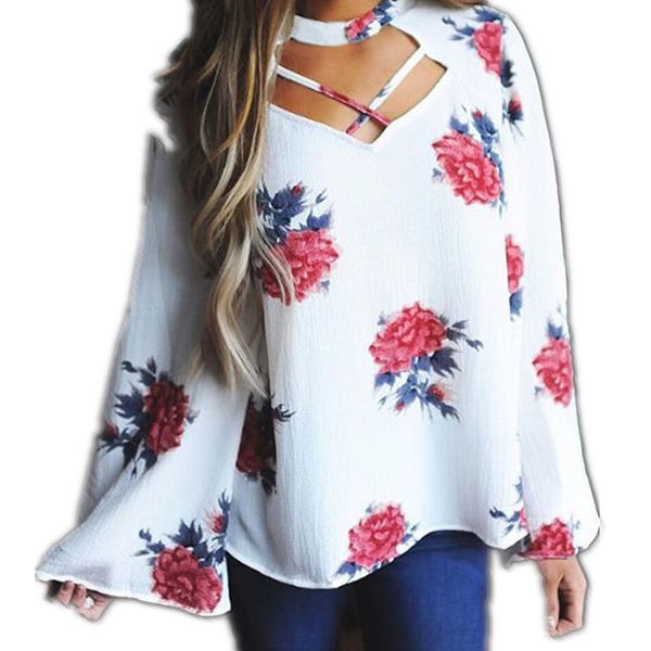 

2018 arrivals fashion womens choker v-neck floral t-shirt ladies female casual loose chiffon stylish, White