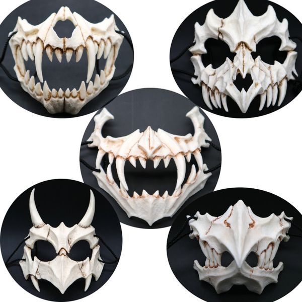 

halloween half animal mask white bone mask tengu dragon yaksa tiger resin cosplay long teeth demon samurai resin cos