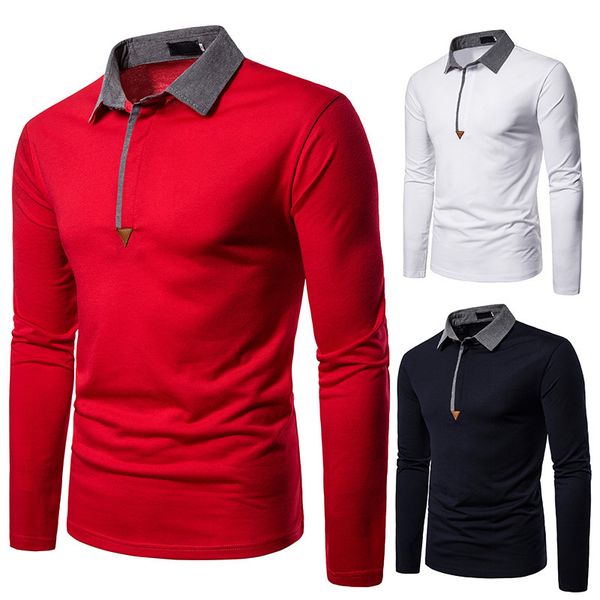 

men's polo shirt turn down collar long sleeve colorblock patchwork top, White;black