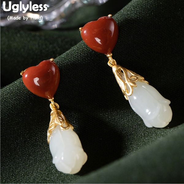 

uglyless agate sweet heart earrings for women real 925 sterling silver magnolia flower earrings jade brincos fine jewelry e1402, Golden;silver