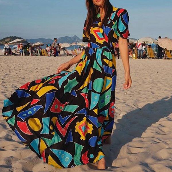 

nice summer women dresses short sleeve bohemian v-neck printed casual beach long sundress vestidos, Black;gray