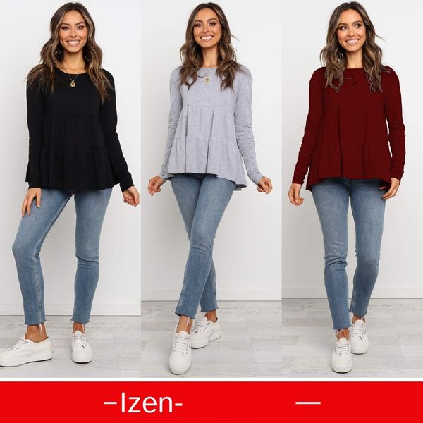 

женская дизайнерская футболка осень круглый вырез шить длинный рукав свободный топ 5369, White