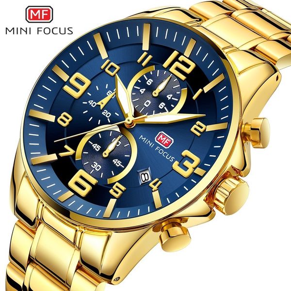 

minifocus sport watch men stainless steel gold watch mens watches quartz chronograph wrist watches for men business, Slivery;brown