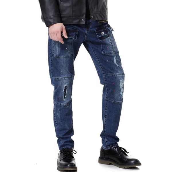 

2019 autumn new style men with holes jeans fashion boutique pure cotton multi-pockets trousers y609, Blue