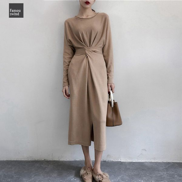 

корейский дизайнер краткое платья осень трикотажное платье с длинным рукавом twist узел узелок сплит женщины длинные платья линия бинты, Black;gray